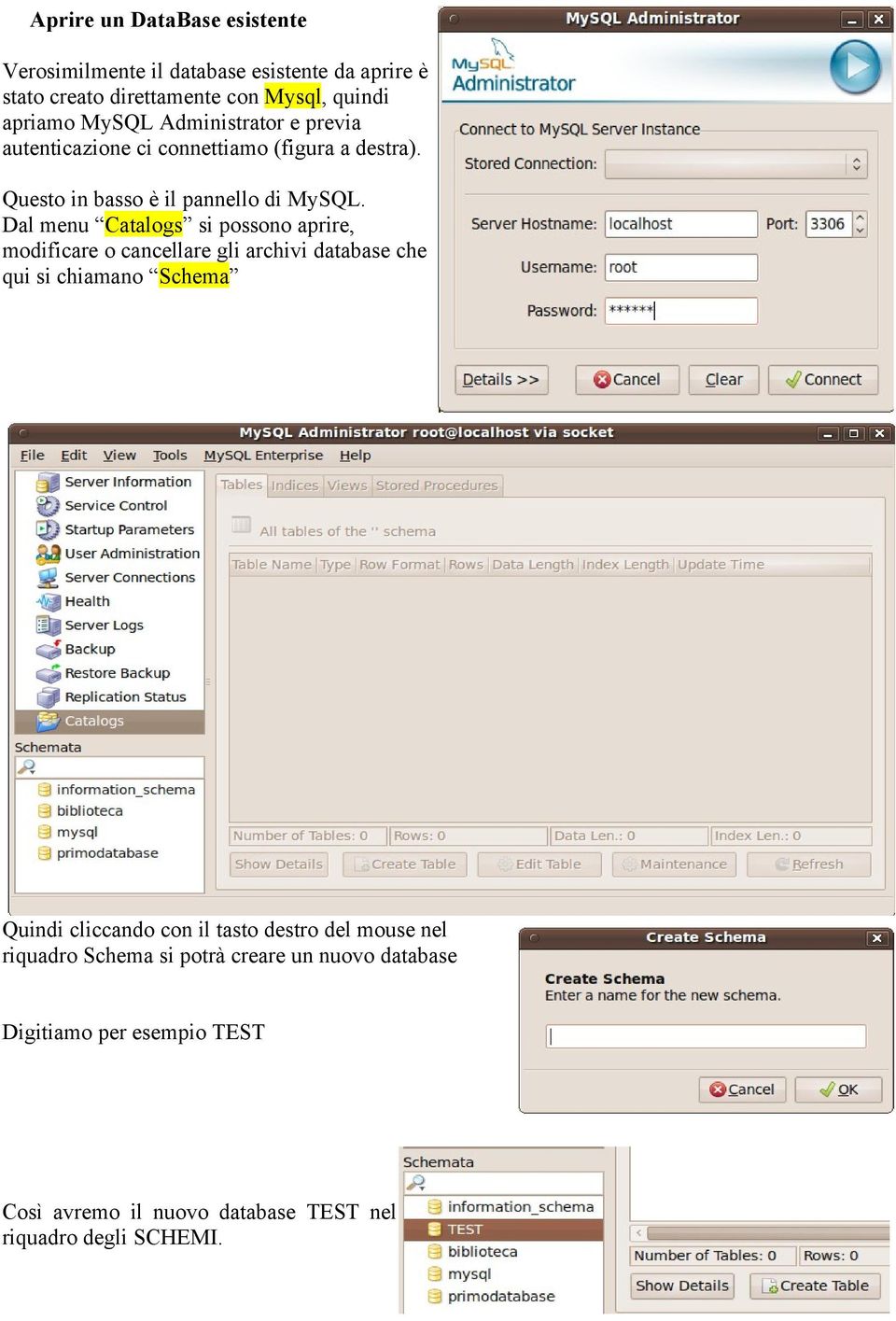 Dal menu Catalogs si possono aprire, modificare o cancellare gli archivi database che qui si chiamano Schema Quindi cliccando con il