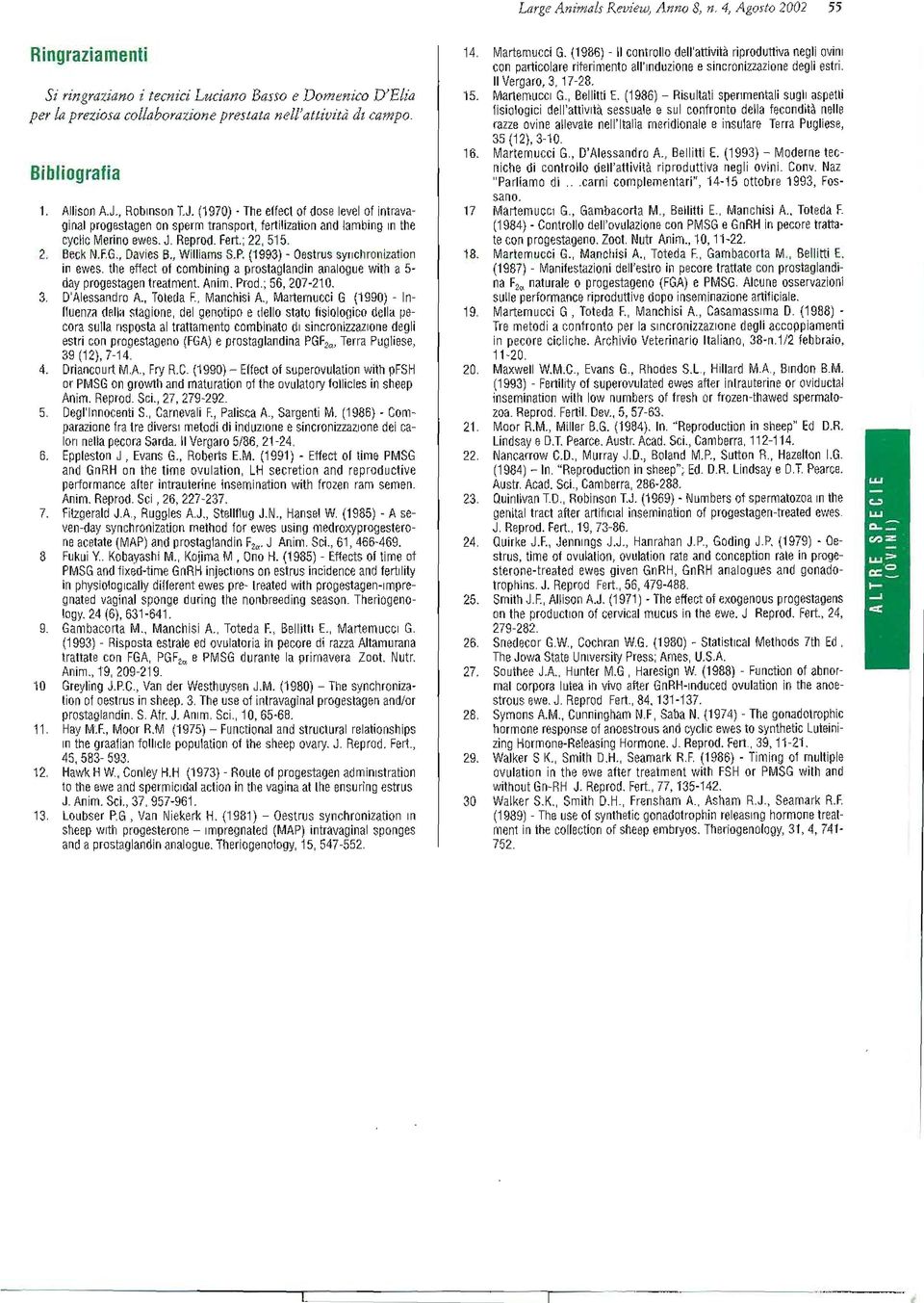 2, Beck N.EG., Davies B., Williams S.P. (1993) - Oestrus syrlcllronilation in ewes. Ihe effect of combining a prostaglandin analogue with a 5 day progeslagen treatment. Anim. Prad,; 56, 207-210. 3.