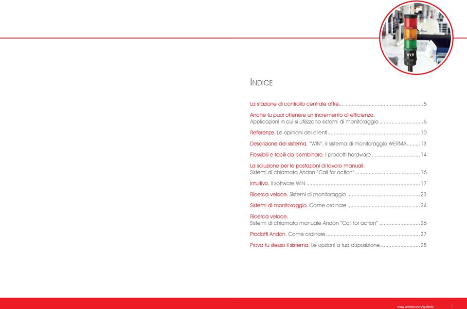 ..14 La soluzione per le postazioni di lavoro manuali. Sistemi di chiamata Andon Call for action...16 Intuitivo. Il software WIN...17 Ricerca veloce. Sistemi di monitoraggio.