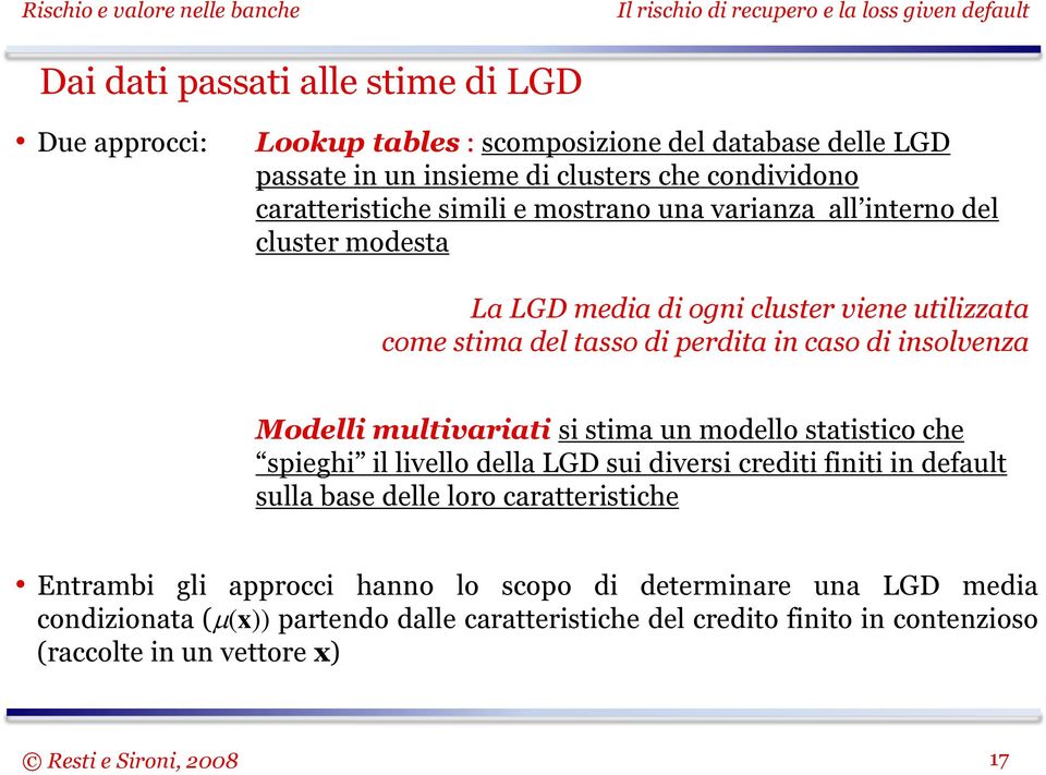 Modelli multivariati si stima un modello statistico che spieghi il livello della LGD sui diversi crediti finiti in default sulla base delle loro caratteristiche