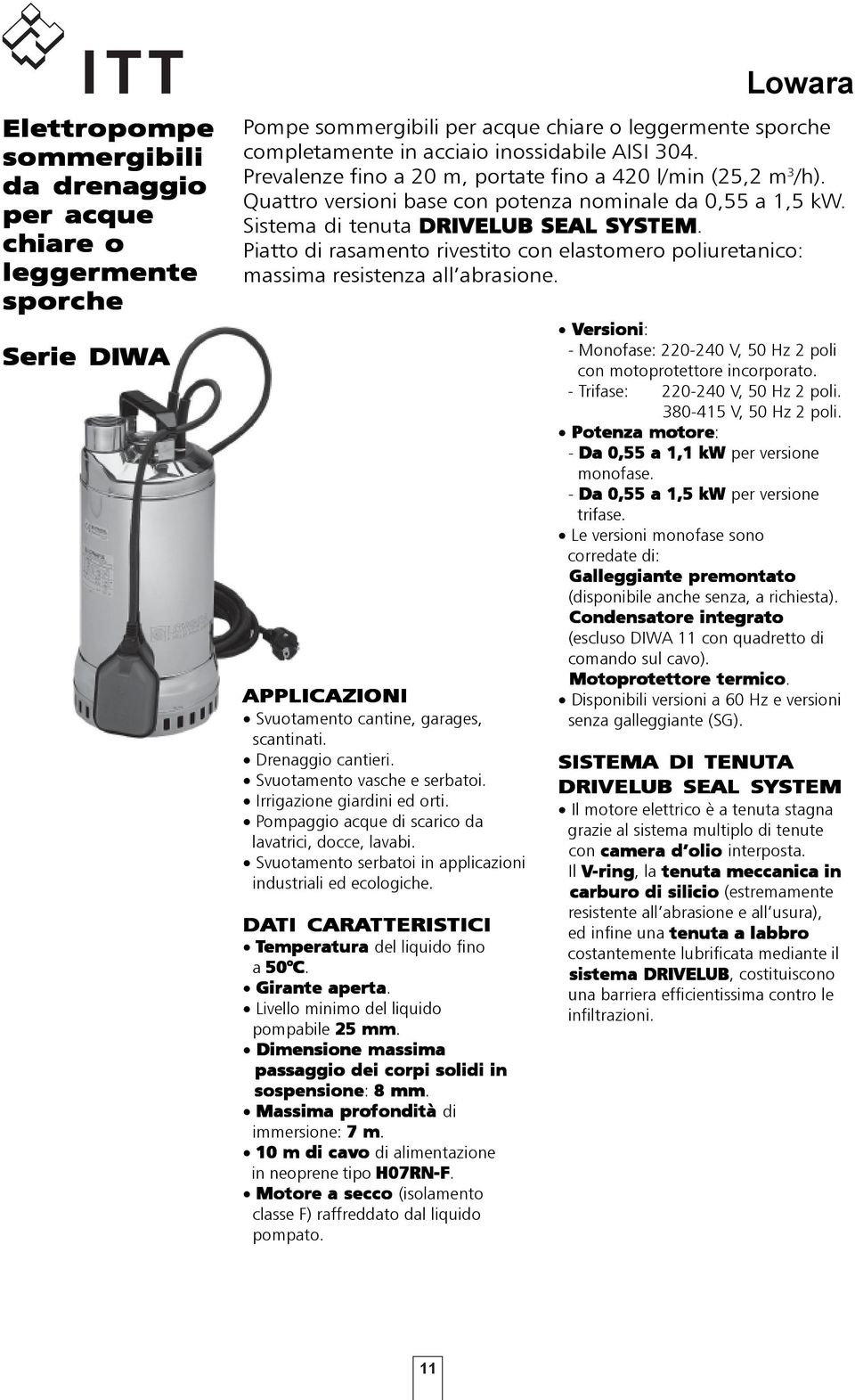 Piatto di rasamento rivestito con elastomero poliuretanico: massima resistenza all abrasione. APPLICAZIONI Svuotamento cantine, garages, scantinati. Drenaggio cantieri. Svuotamento vasche e serbatoi.