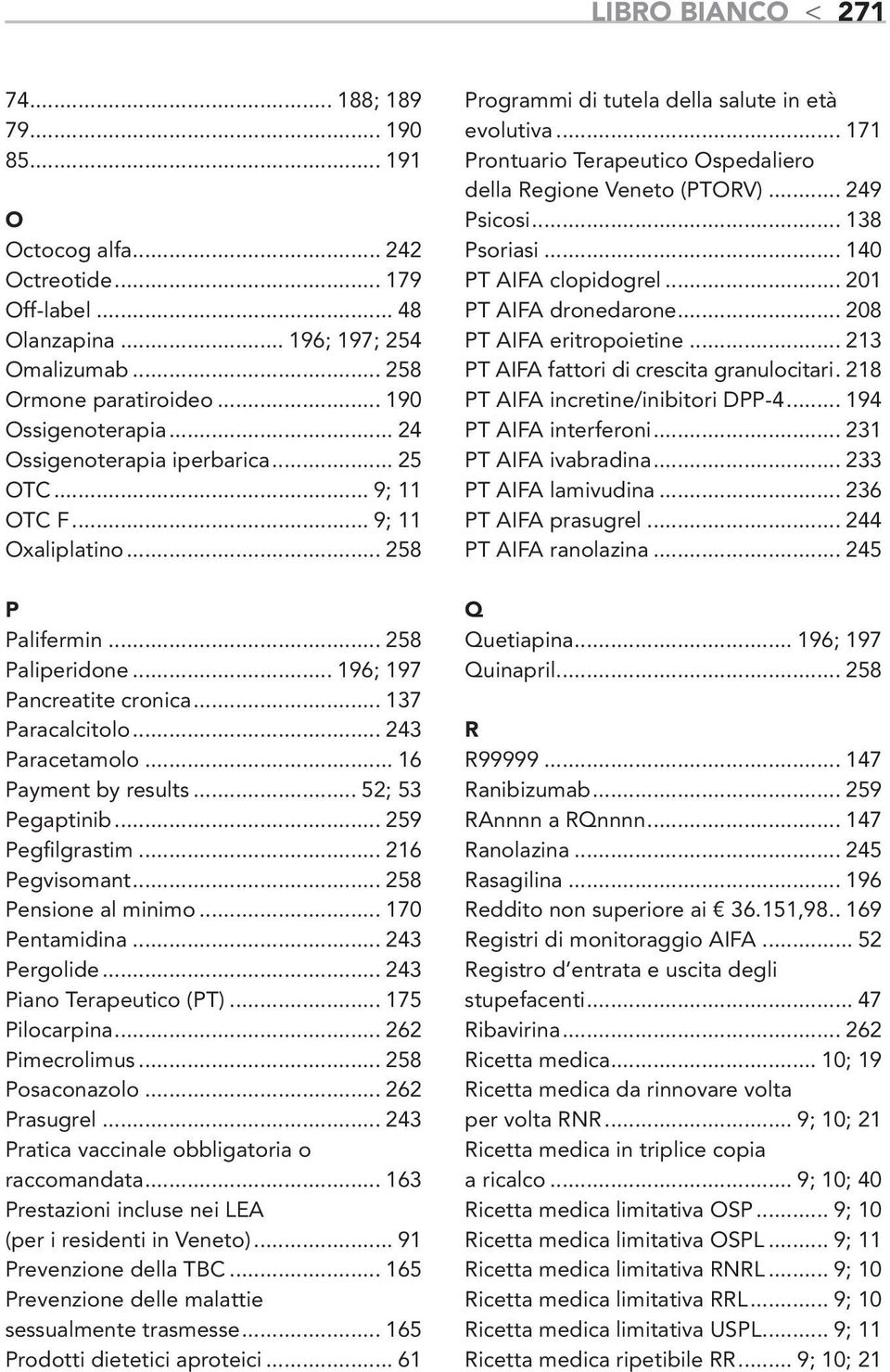 .. 16 Payment by results... 52; 53 Pegaptinib... 259 Pegfilgrastim... 216 Pegvisomant... 258 Pensione al minimo... 170 Pentamidina... 243 Pergolide... 243 Piano Terapeutico (PT)... 175 Pilocarpina.