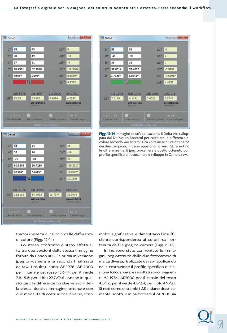 Si notino le differenze tra il jpeg on-camera e quello ottenuto con profilo specifico di fotocamera e sviluppo in Camera raw. trambi i sistemi di calcolo delle differenze di colore (Figg. 12-14).