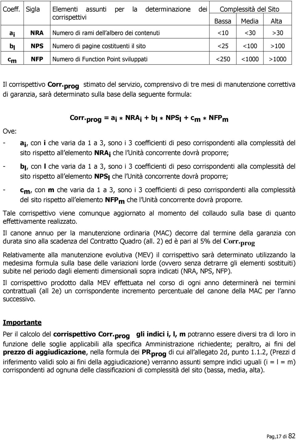 il sito <25 <100 >100 c m NFP Numero di Function Point sviluppati <250 <1000 >1000 Il corrispettivo Corr.