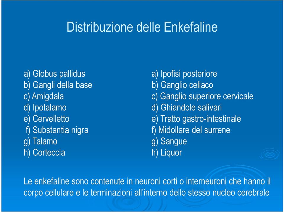 gastro-intestinale f) Substantia nigra f) Midollare del surrene g) Talamo g) Sangue h) Corteccia h) Liquor Le