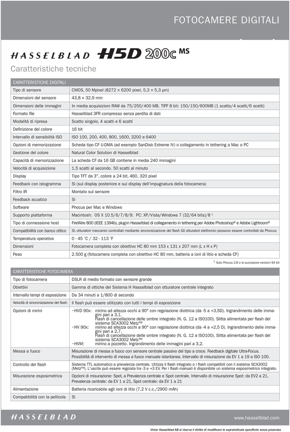 TIFF 8 bit: 150/150/600MB (1 scatto/4 scatti/6 scatti) Formato file Hasselblad 3FR compresso senza perdita di dati Modalità di ripresa Scatto singolo, 4 scatti e 6 scatti Definizione del colore 16