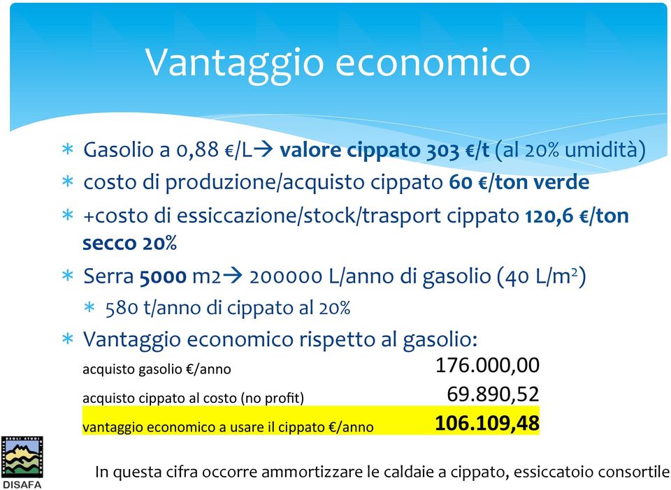 cippato al 20% Vantaggio economico rispetto al gasolio: acquisto gasolio /anno 176.000,00 acquisto cippato al costo (no profit) 69.