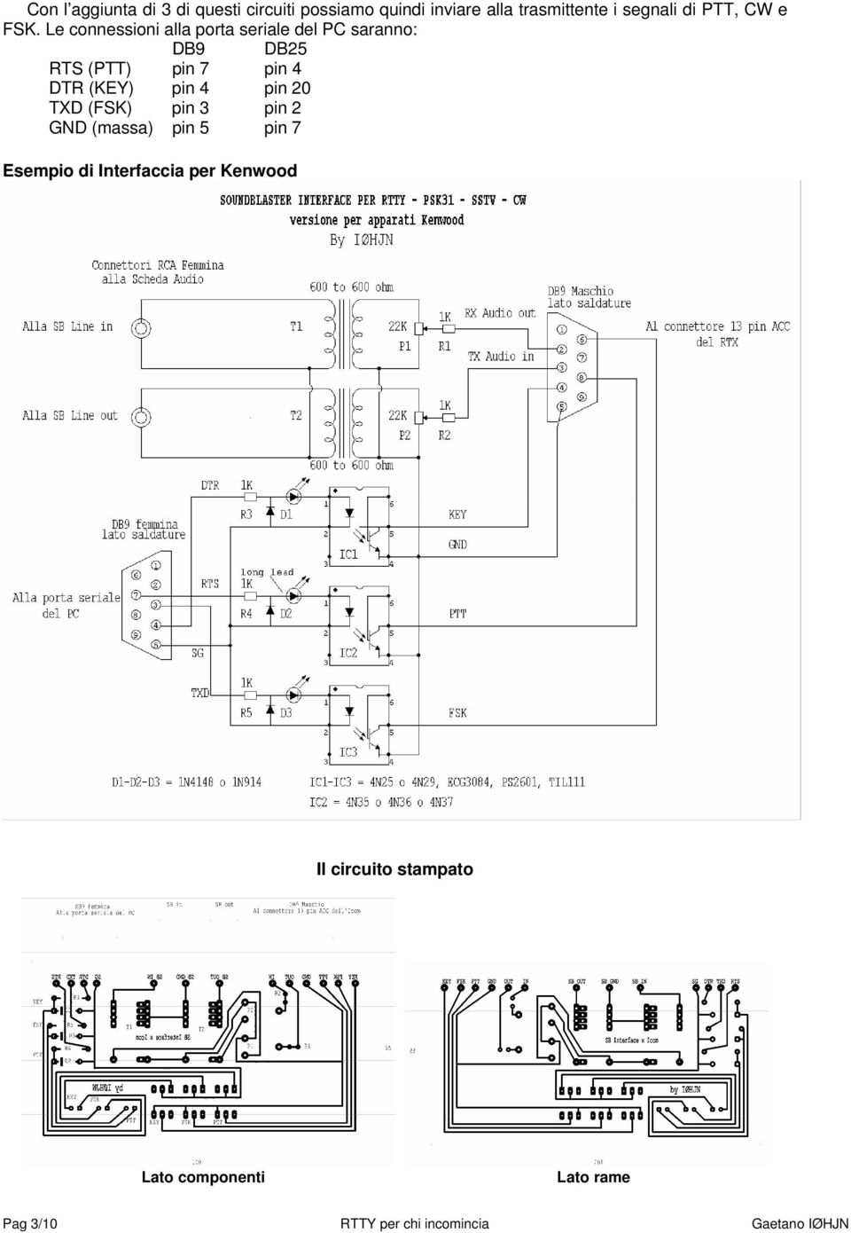 Le connessioni alla porta seriale del PC saranno: DB9 DB25 RTS (PTT) pin 7 pin 4 DTR (KEY) pin 4