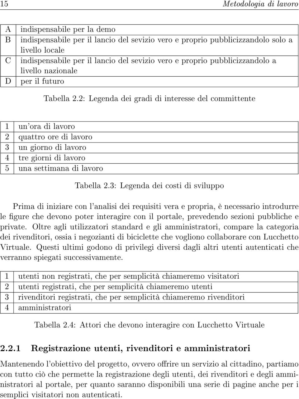 2: Legenda dei gradi di interesse del committente 1 un'ora di lavoro 2 quattro ore di lavoro 3 un giorno di lavoro 4 tre giorni di lavoro 5 una settimana di lavoro Tabella 2.