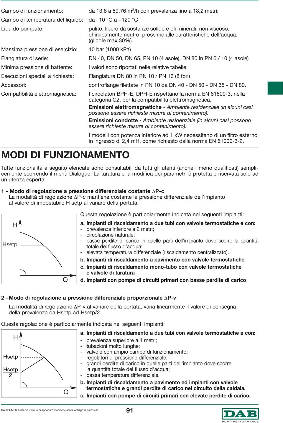 Flangiatura di serie: DN 40, DN 50, DN 65, PN 10 (4 asole), DN 80 in PN 6 / 10 (4 asole) Minima pressione di battente: i valori sono riportati nelle relative tabelle.