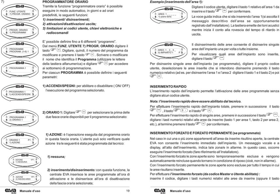 disinserimenti; 2) attivazioni/disattivazioni uscite; 3) limitazioni ai codici utente, chiavi elettroniche e radiocomandi Esempio (inserimento dell area 1): AREE: 1 _ 1) piano terra Digitare il