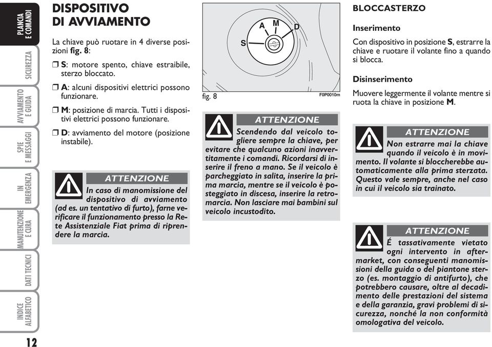 un tentativo di furto), farne verificare il funzionamento presso la Rete Assistenziale Fiat prima di riprendere la marcia. fig.