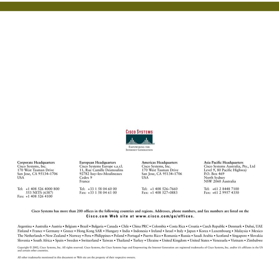 170 West asman Drive San Jose, CA 95134 1706 USA Asia Pacific Headquarters Cisco Systems Australia, Pty., Ltd Level 9, 80 Pacific Highway P.O.