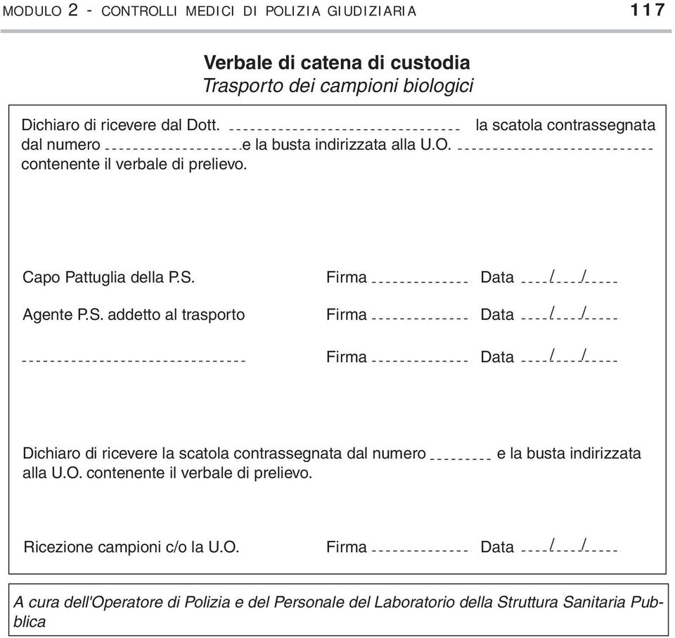 Firma Data Agente P.S. addetto al trasporto Firma Data / / / / Firma Data / / Dichiaro di ricevere la scatola contrassegnata dal numero alla U.O.