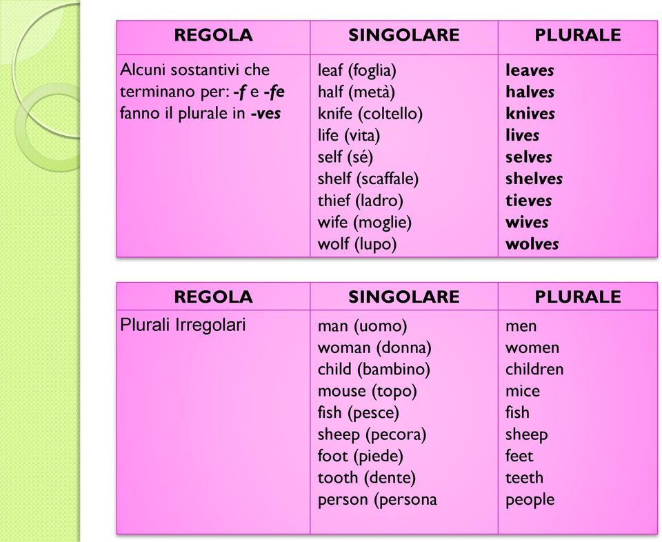 selves shelves tieves wives wolves REGOLA SINGOLARE PLURALE Plurali Irregolari man (uomo) woman (donna) child (bambino) mouse