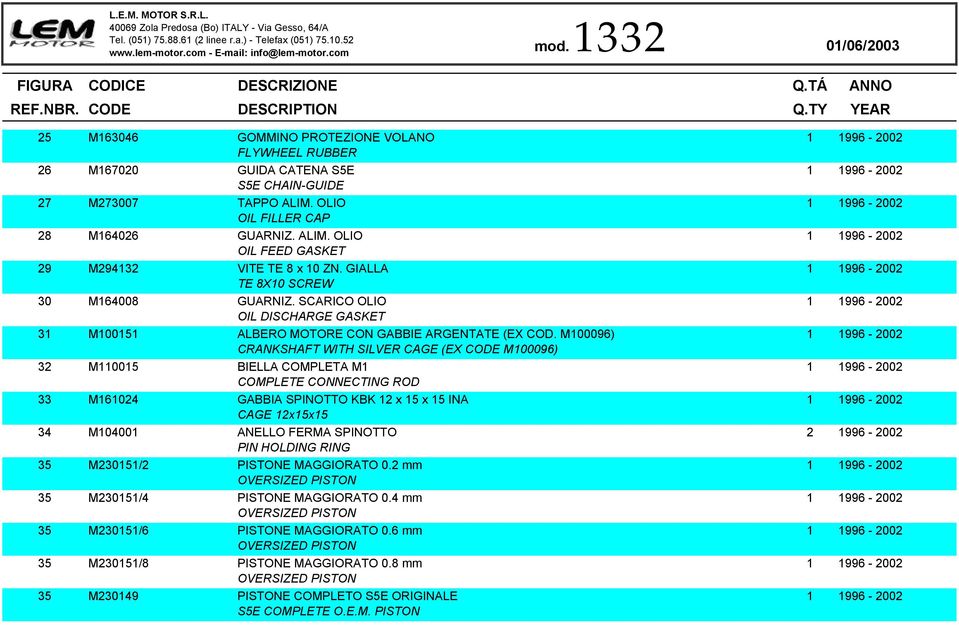 M100096) CRANKSHAFT WITH SILVER CAGE (EX CODE M100096) 32 M110015 BIELLA COMPLETA M1 COMPLETE CONNECTING ROD 33 M161024 GABBIA SPINOTTO KBK 12 x 15 x 15 INA CAGE 12x15x15 34 M104001 ANELLO FERMA