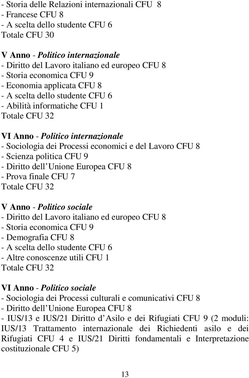 Lavoro CFU 8 - Scienza politica CFU 9 - Diritto dell Unione Europea CFU 8 - Prova finale CFU 7 Totale CFU 32 V Anno - Politico sociale - Diritto del Lavoro italiano ed europeo CFU 8 - Storia