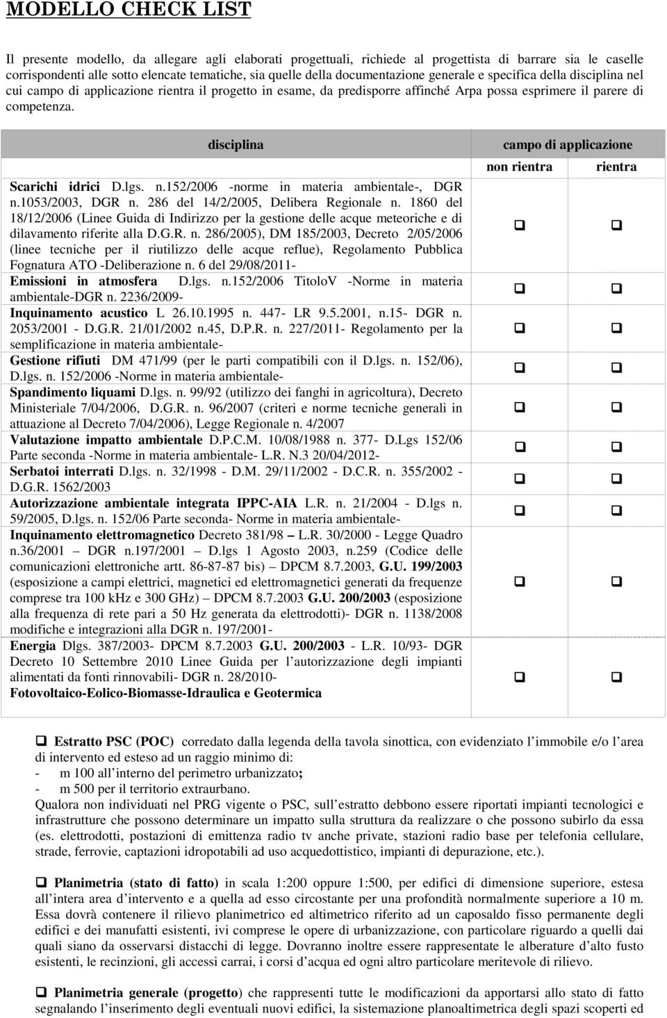 disciplina Scarichi idrici D.lgs. n.152/2006 -norme in materia ambientale-, DGR n.1053/2003, DGR n. 286 del 14/2/2005, Delibera Regionale n.