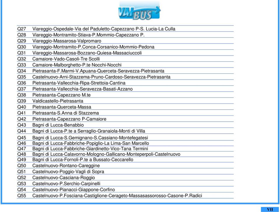 Apuana-Querceta-Seravezza-Pietrasanta Q35 Castelnuovo-Arni-Stazzema-Pruno-Cardoso-Seravezza-Pietrasanta Q36 Pietrasanta-Vallecchia-Ripa-Strettoia-Cantina Q37