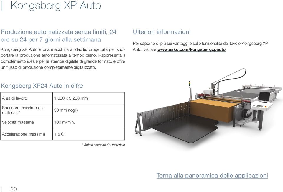 Ulteriori informazioni Per saperne di più sui vantaggi e sulle funzionalità del tavolo Kongsberg XP Auto, visitare www.esko.com/kongsbergxpauto.