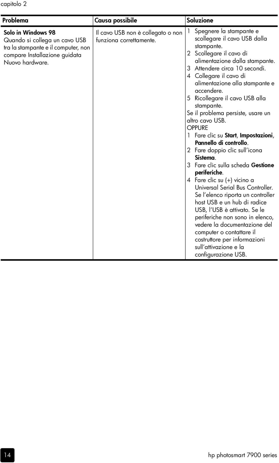 3 Attendere circa 10 secondi. 4 Collegare il cavo di alimentazione alla stampante e accendere. 5 Ricollegare il cavo USB alla stampante. Se il problema persiste, usare un altro cavo USB.