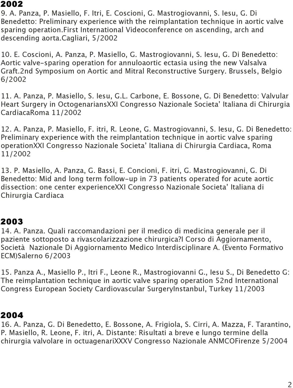 Di Benedetto: Aortic valve-sparing operation for annuloaortic ectasia using the new Valsalva Graft. 2nd Symposium on Aortic and Mitral Reconstructive Surgery. Brussels, Belgio 6/2002 11. A. Panza, P.