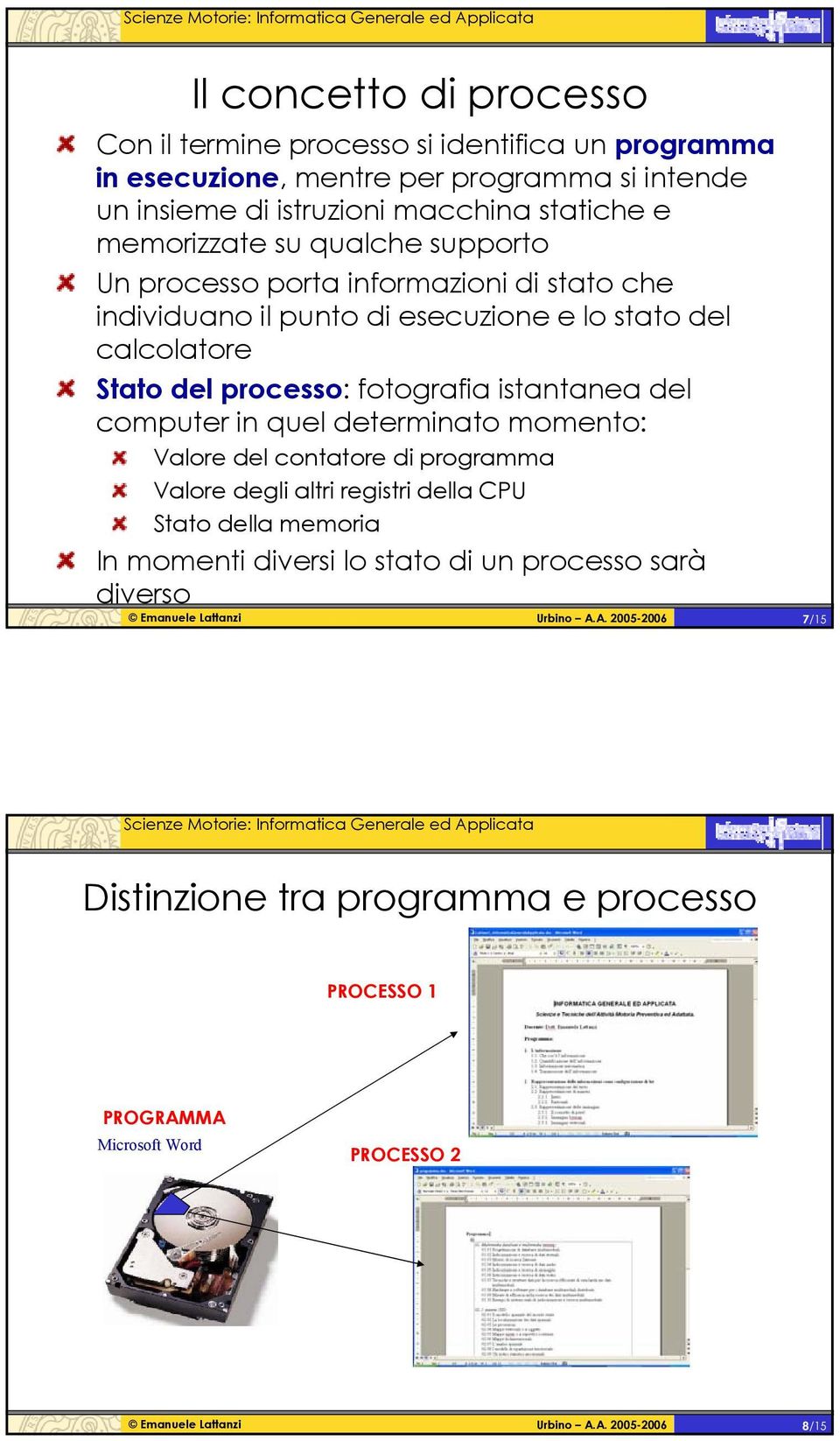 del processo: fotografia istantanea del computer in quel determinato momento: Valore del contatore di programma Valore degli altri registri della CPU Stato