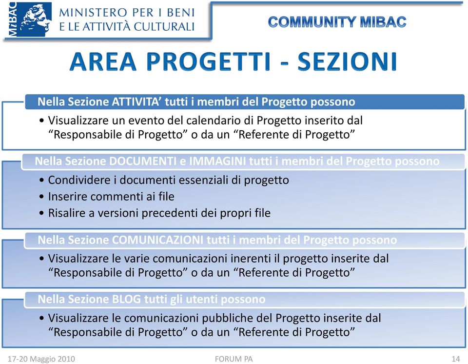 propri file Nella Sezione COMUNICAZIONI tutti i membri del Progetto possono Visualizzare le varie comunicazioni inerenti il progetto inserite dal Responsabile di Progetto o da un