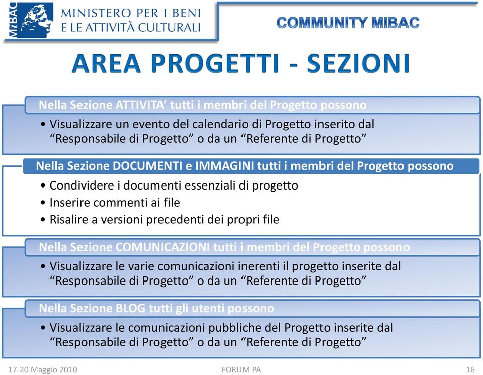 propri file Nella Sezione COMUNICAZIONI tutti i membri del Progetto possono Visualizzare le varie comunicazioni inerenti il progetto inserite dal Responsabile di Progetto o da un