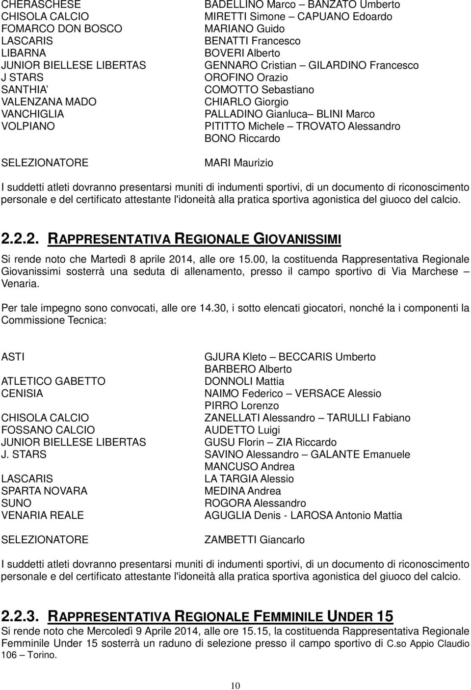 TROVATO Alessandro BONO Riccardo MARI Maurizio I suddetti atleti dovranno presentarsi muniti di indumenti sportivi, di un documento di riconoscimento personale e del certificato attestante l'idoneità