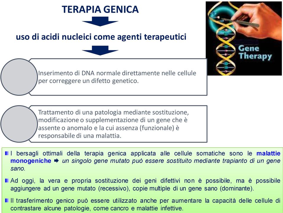 I bersagli ottimali della terapia genica applicata alle cellule somatiche sono le malattie monogeniche un singolo gene mutato può essere sostituito mediante trapianto di un gene sano.