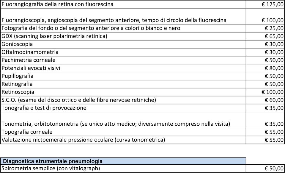 50,00 Retinografia 50,00 Retinoscopia 100,00 S.C.O.