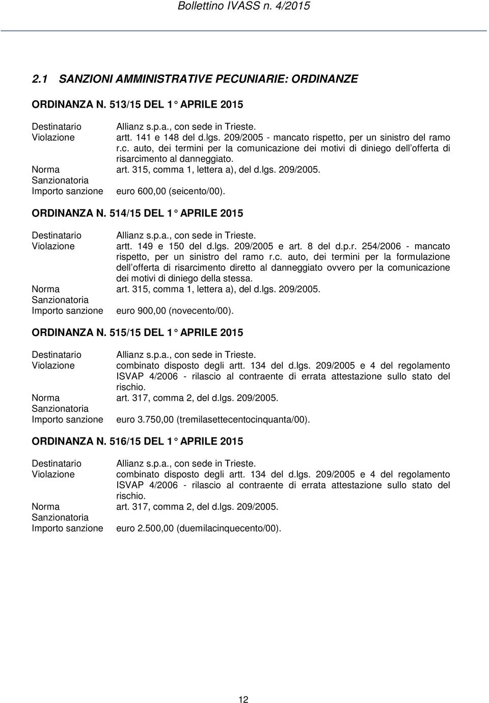 315, comma 1, lettera a), del d.lgs. 209/2005. euro 60 (seicento/00). ORDINANZA N. 514/15 DEL 1 APRILE 2015 Destinatario Violazione Norma Sanzionatoria Importo sanzione Allianz s.p.a., con sede in Trieste.