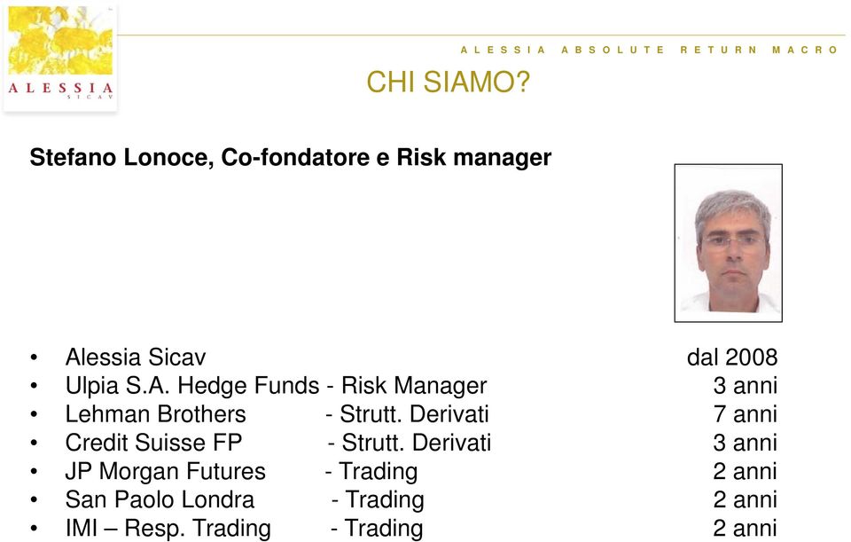 manager Alessia Sicav dal 2008 Ulpia S.A. Hedge Funds - Risk Manager 3 anni Lehman Brothers - Strutt.