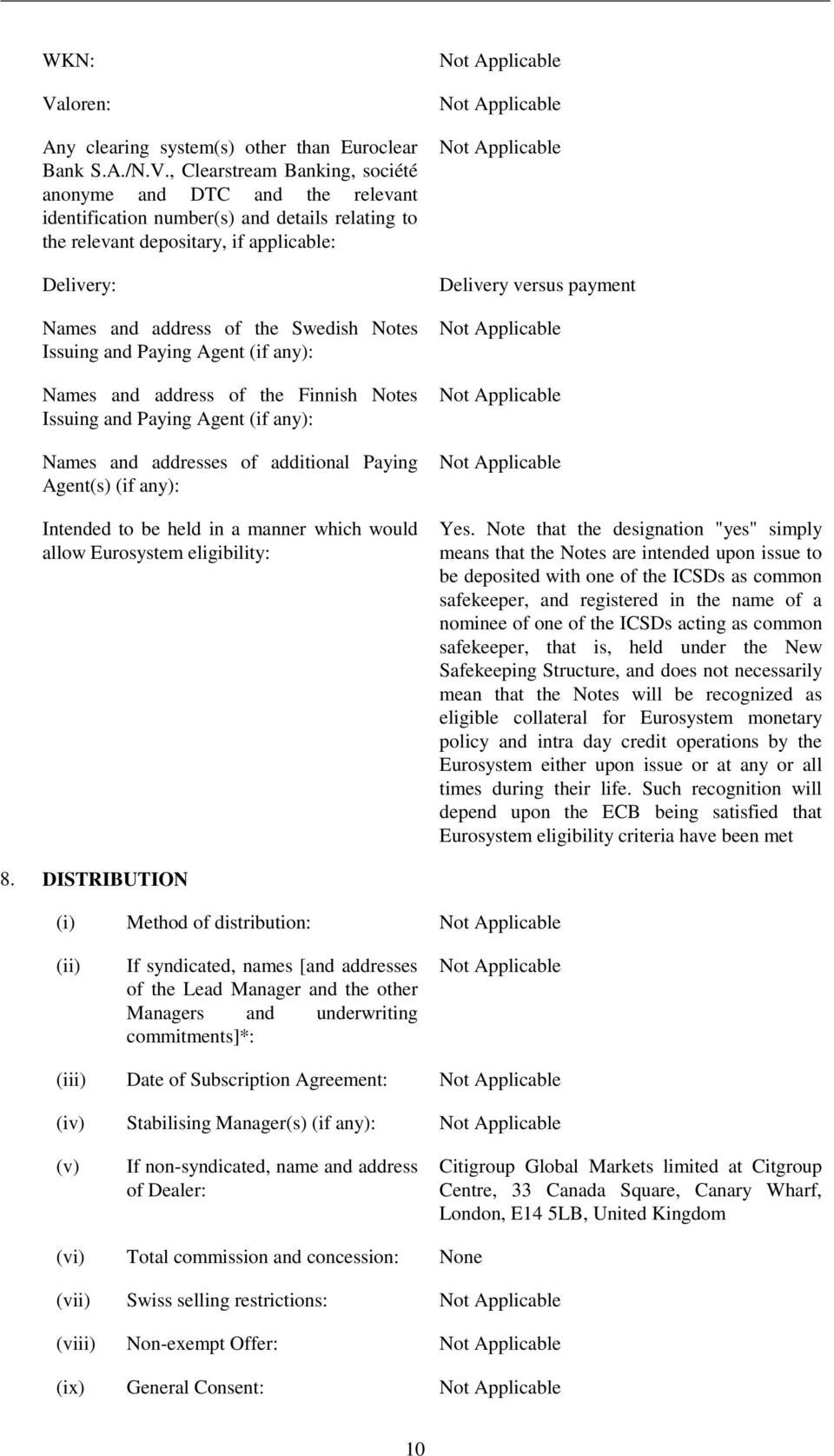 , Clearstream Banking, société anonyme and DTC and the relevant identification number(s) and details relating to the relevant depositary, if applicable: Delivery: Names and address of the Swedish