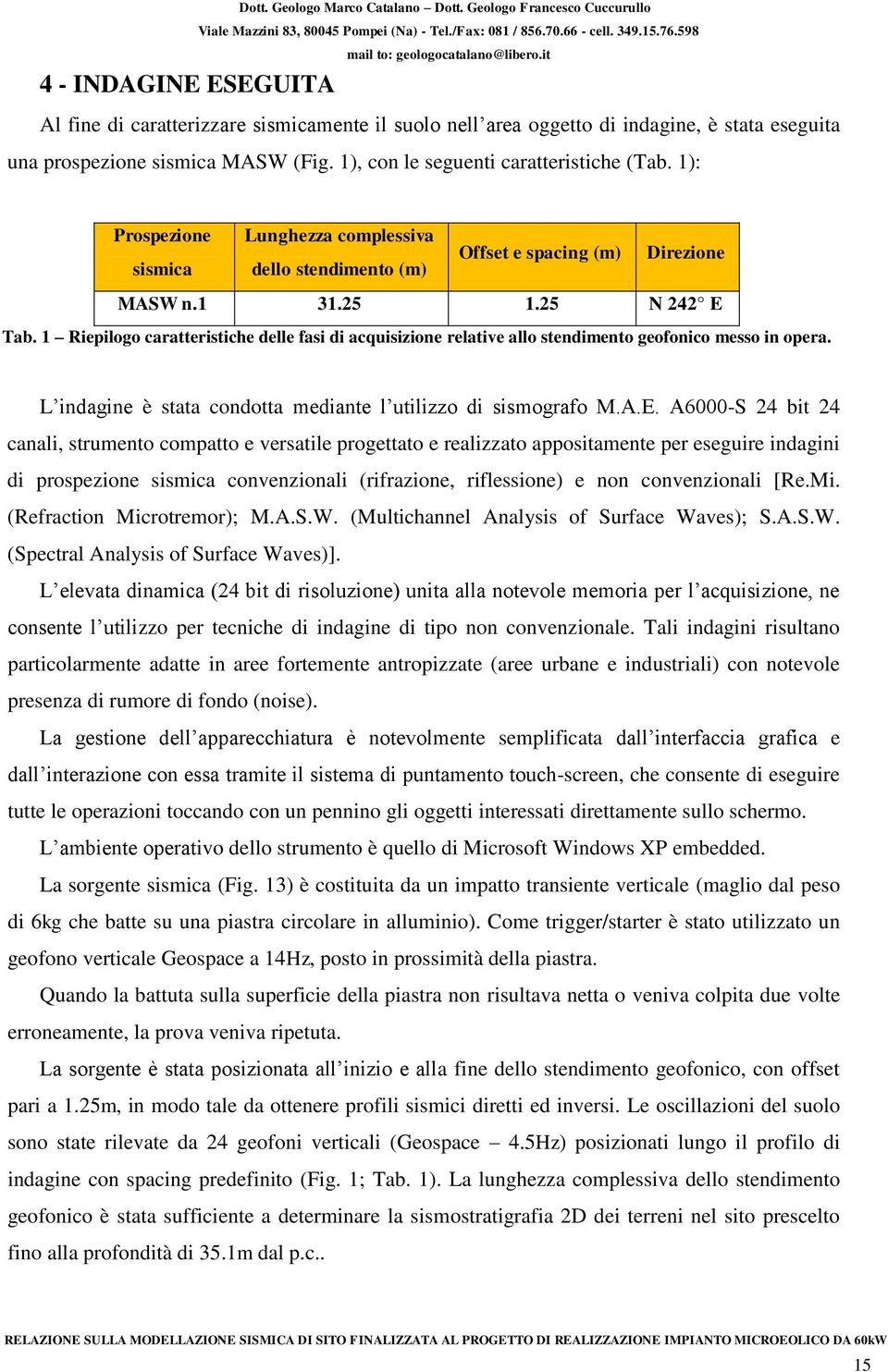 1), con le seguenti caratteristiche (Tab. 1): Prospezione Lunghezza complessiva Offset e spacing (m) Direzione sismica dello stendimento (m) MASW n.1 31.25 1.25 N 242 E Tab.