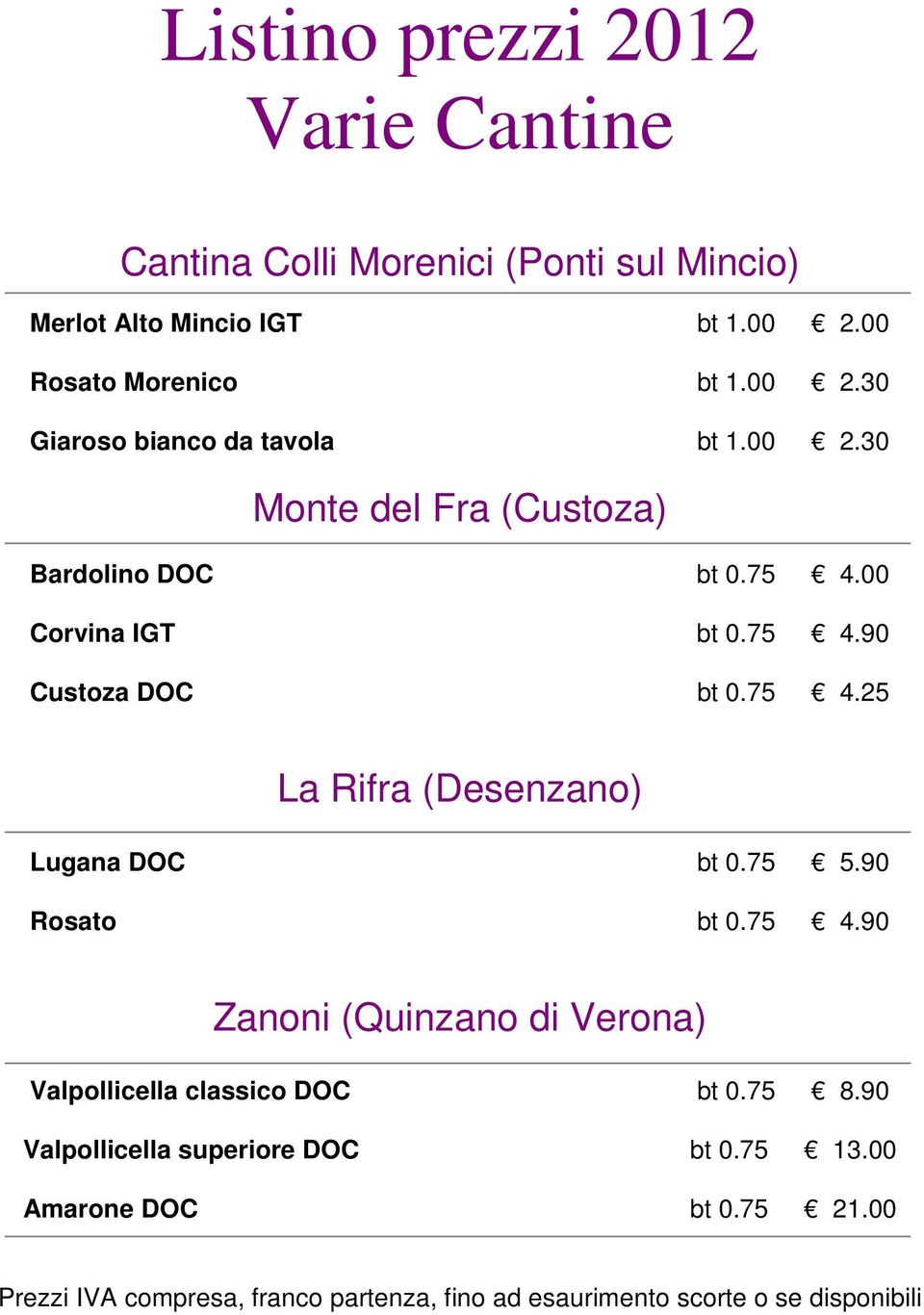 75 5.90 Rosato bt 0.75 4.90 Zanoni (Quinzano di Verona) Valpollicella classico DOC bt 0.75 8.90 Valpollicella superiore DOC bt 0.75 13.