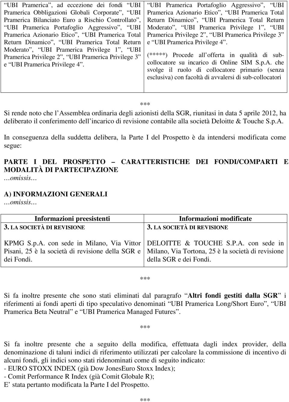 UBI Pramerica Portafoglio Aggressivo, UBI Pramerica Azionario  (**) Procede all offerta in qualità di subcollocatore su incarico di Online SIM che svolge il ruolo di collocatore primario (senza