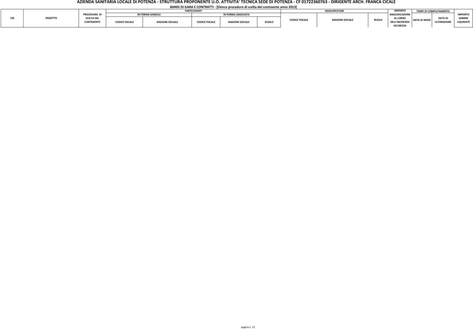 2013] PARTECIPANTI IN FORMA ASSOCIATA CODICE FISCALE RAGIONE SOCIALE CODICE FISCALE RAGIONE SOCIALE RUOLO CODICE FISCALE AGGIUDICATARI RAGIONE