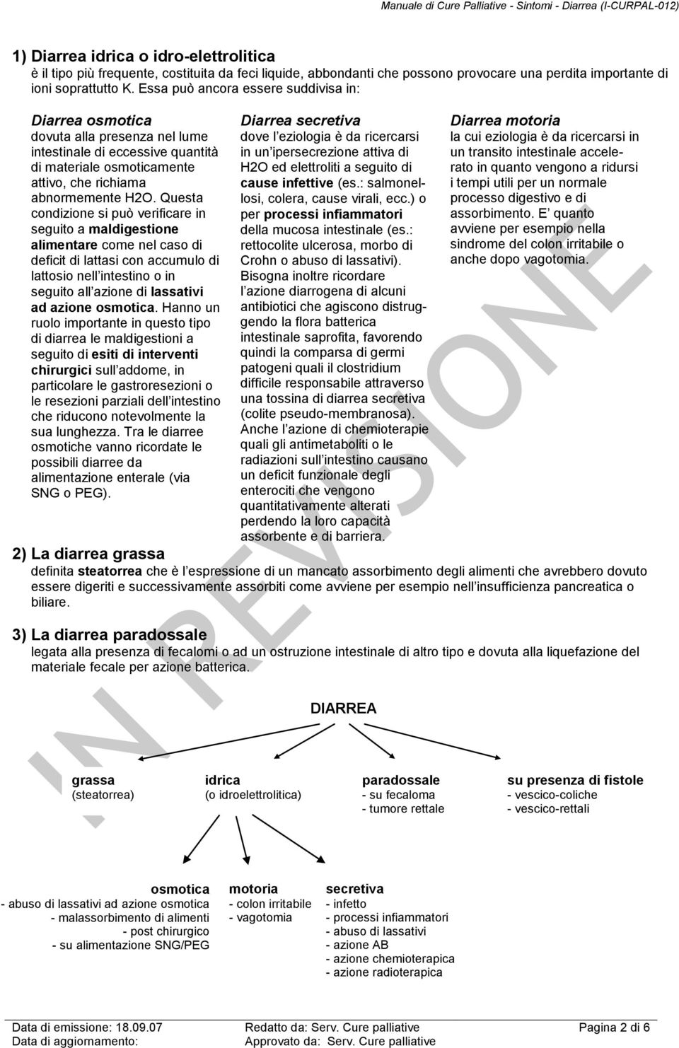 Essa può ancora essere suddivisa in: Diarrea osmotica dovuta alla presenza nel lume intestinale di eccessive quantità di materiale osmoticamente attivo, che richiama abnormemente H2O.