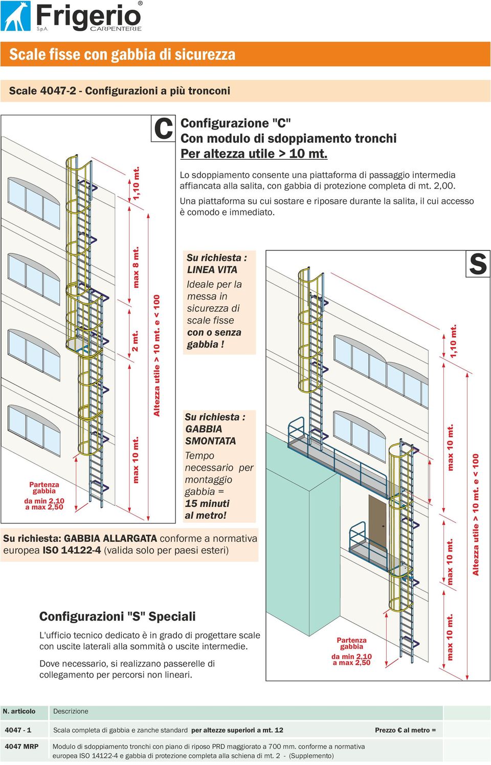 Lo sdoppiamento consente una piattaforma di passaggio intermedia affiancata alla salita, con gabbia di protezione mt. 2,00.