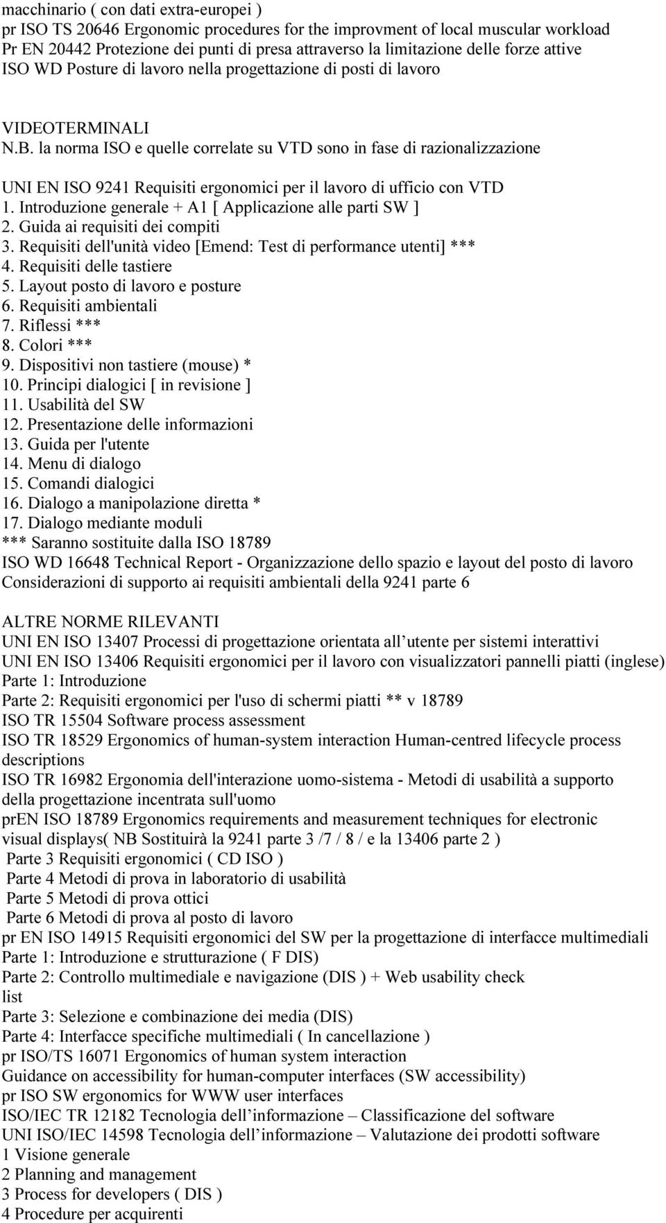 la norma ISO e quelle correlate su VTD sono in fase di razionalizzazione UNI EN ISO 9241 Requisiti ergonomici per il lavoro di ufficio con VTD 1.