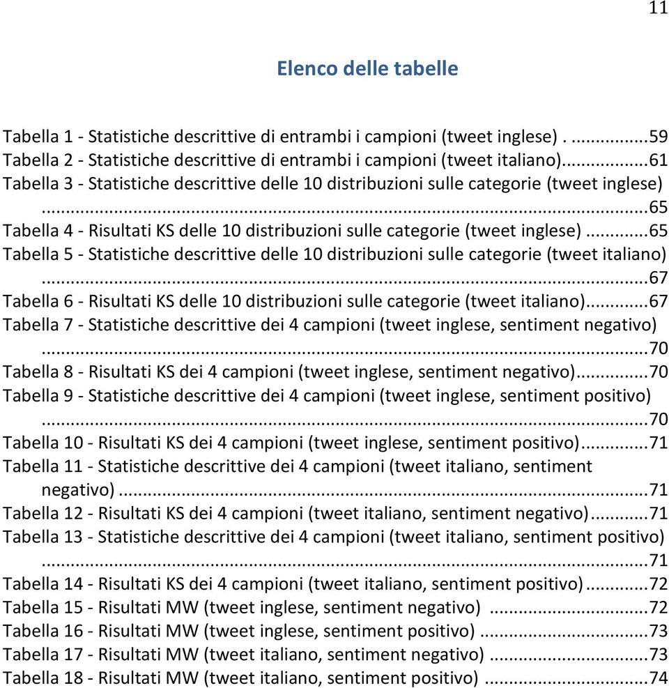 .. 65 Tabella 5 - Statistiche descrittive delle 10 distribuzioni sulle categorie (tweet italiano)... 67 Tabella 6 - Risultati KS delle 10 distribuzioni sulle categorie (tweet italiano).