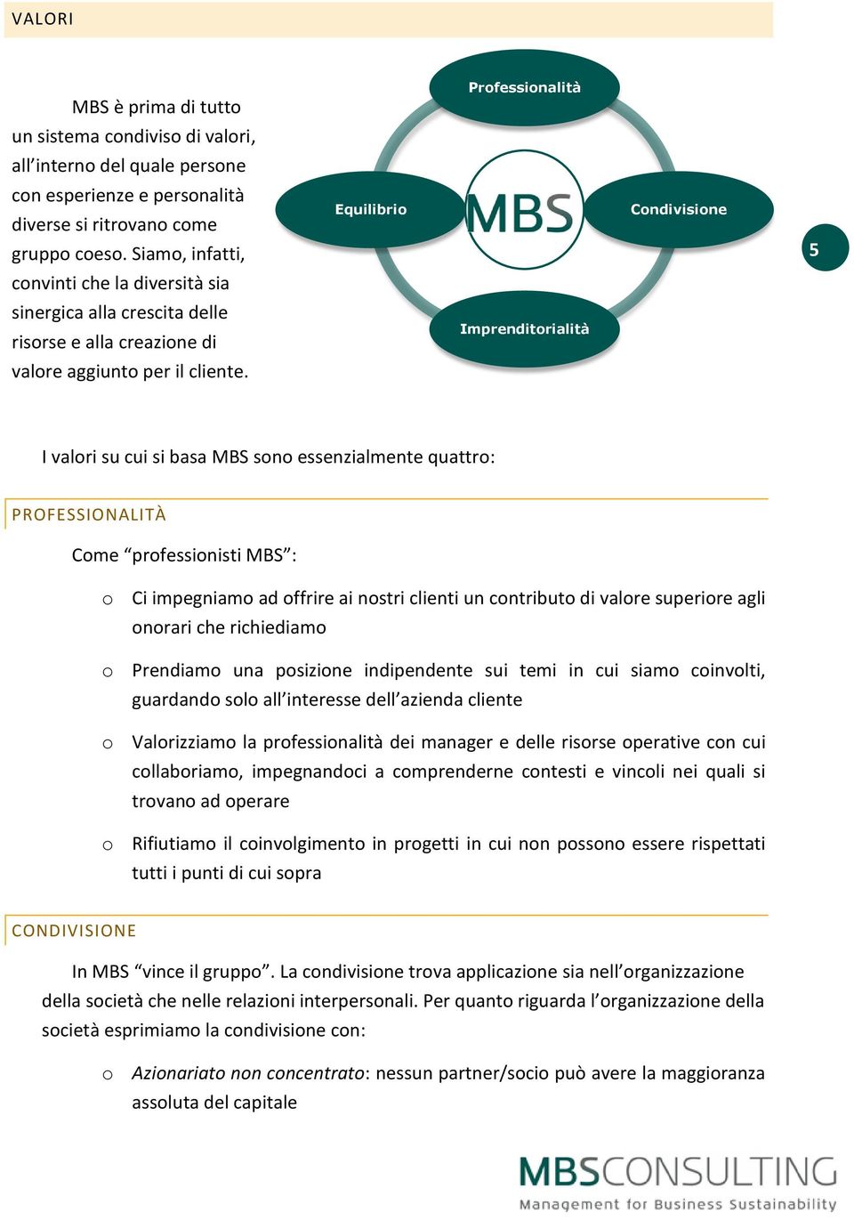 I valori su cui si basa MBS sono essenzialmente quattro: PROFESSIONALITÀ Come professionisti MBS : o Ci impegniamo ad offrire ai nostri clienti un contributo di valore superiore agli onorari che