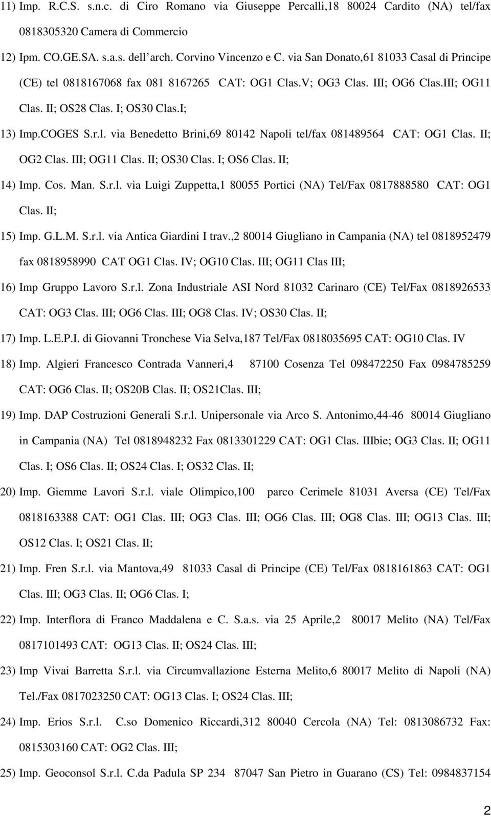 II; OG2 Clas. III; OG11 Clas. II; OS30 Clas. I; OS6 Clas. II; 14) Imp. Cos. Man. S.r.l. via Luigi Zuppetta,1 80055 Portici (NA) Tel/Fax 0817888580 CAT: OG1 Clas. II; 15) Imp. G.L.M. S.r.l. via Antica Giardini I trav.