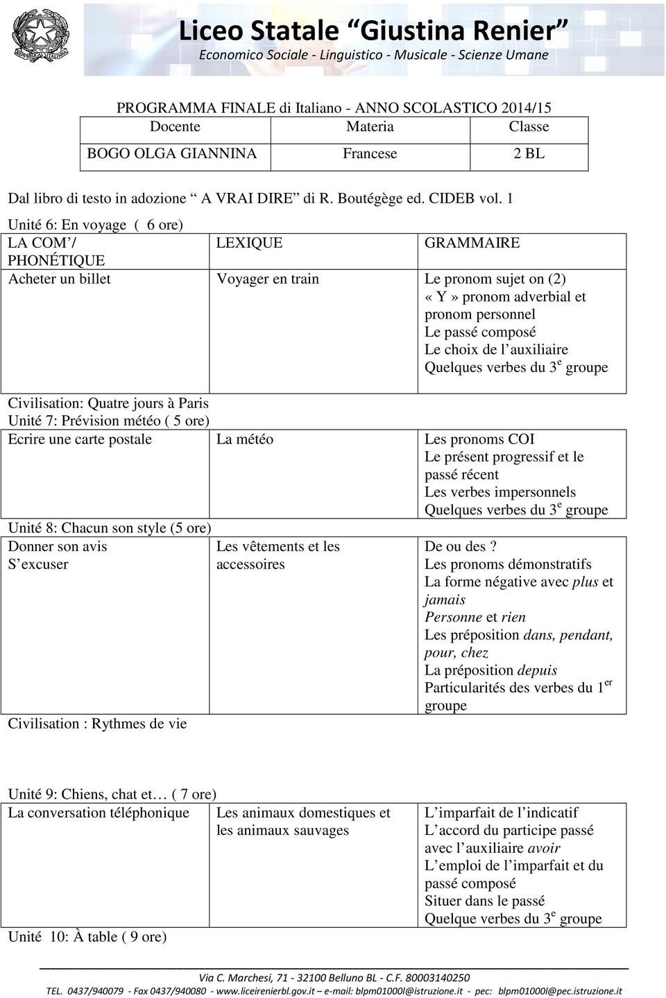 auxiliaire Quelques verbes du 3 e groupe Civilisation: Quatre jours à Paris Unité 7: Prévision météo ( 5 ore) Ecrire une carte postale La météo Les pronoms COI Le présent progressif et le passé