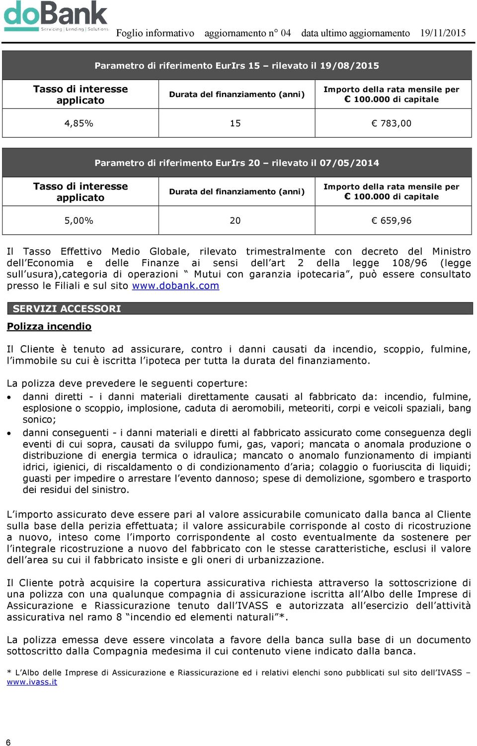 000 di capitale 5,00% 20 659,96 Il Tasso Effettivo Medio Globale, rilevato trimestralmente con decreto del Ministro dell Economia e delle Finanze ai sensi dell art 2 della legge 108/96 (legge sull