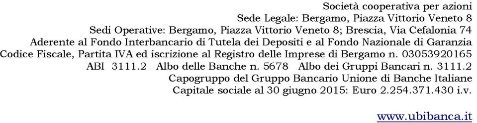 Partita IVA ed iscrizione al Registro delle Imprese di Bergamo n. 03053920165 ABI 3111.2 Albo delle Banche n.