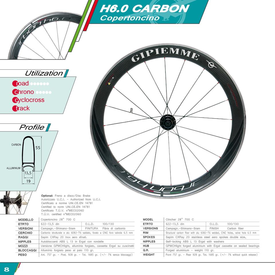 -Shimano-Sram FINITURA Fibra di carbonio CERCHIO Carbonio strutturale e alu 6082-T6 saldato, forato a CNC foro valvola 6.5 mm RAGGI Sapim CXRay 20 Inox aero sfinati.