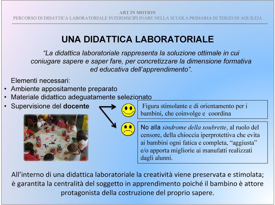 Elementi necessari: Ambiente appositamente preparato Materiale didattico adeguatamente selezionato Supervisione del docente Figura stimolante e di orientamento per i bambini, che coinvolge e coordina